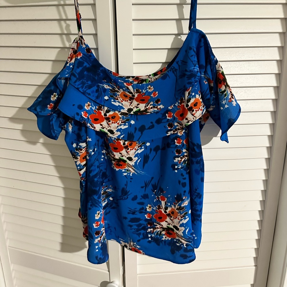 Womens Dex Floral Cold Off Shoulder Blouse Size Large Blue Ruffled Top
